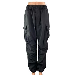 Not4Nerd Women's Black Elastic High Waist Tapered Cargo Jogger Trousers Pants L
